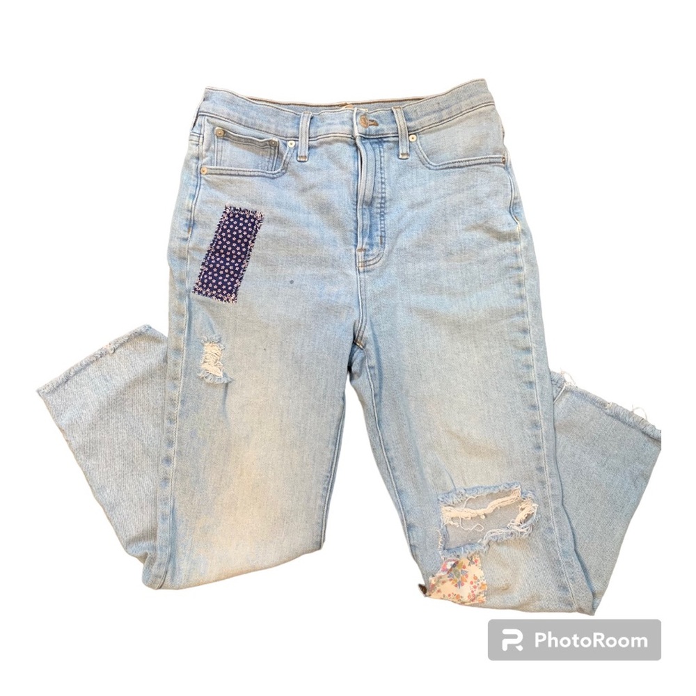 Madewell light wash patch work distressed raw hem jeans women’s sz 28 P vintage